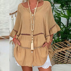 Casual Women V-neck Loose Top Summer Oversized Hollow Out T-shirt Ladies 3/4 Sleeve Plus Size Tops Beachwear