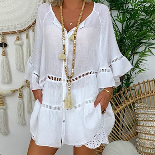 Casual Women V-neck Loose Top Summer Oversized Hollow Out T-shirt Ladies 3/4 Sleeve Plus Size Tops Beachwear