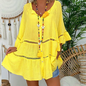 Casual Women V-neck Loose Top Summer Oversized Hollow Out T-shirt Ladies 3/4 Sleeve Plus Size Tops Beachwear