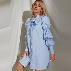 Casual Women&#39;s Dresses Bow Polo Collar Long Puff Sleeves Single-Breasted Woman Clothes Autumn Shirt Dress Female Clothing Robe