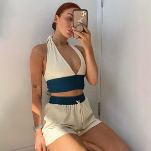 Casual Women's Lounge Wear Summer Sweater Outfit 2021 Sexy Halter Lace to The Tops and Mini Biker Two-piece Slim Shorts Set