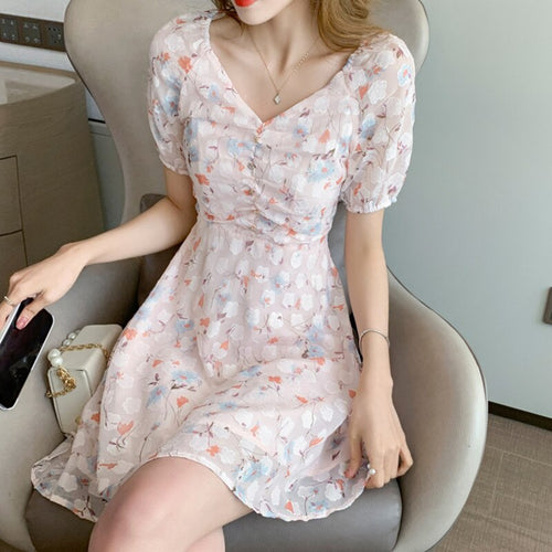 Chic Korean Clothes Design Sweet Summer Womens Short Sleeve Chiffon Dress Elegant Lady Floral Printed Vintage V-neck Folds Robe