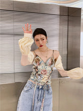 Load image into Gallery viewer, Chic Oil Painting Floral Woman Blouse Harajuku Vintage Lantern Sleeve Bandage Short Design Sexy Lady Shirt Tops Streetwear