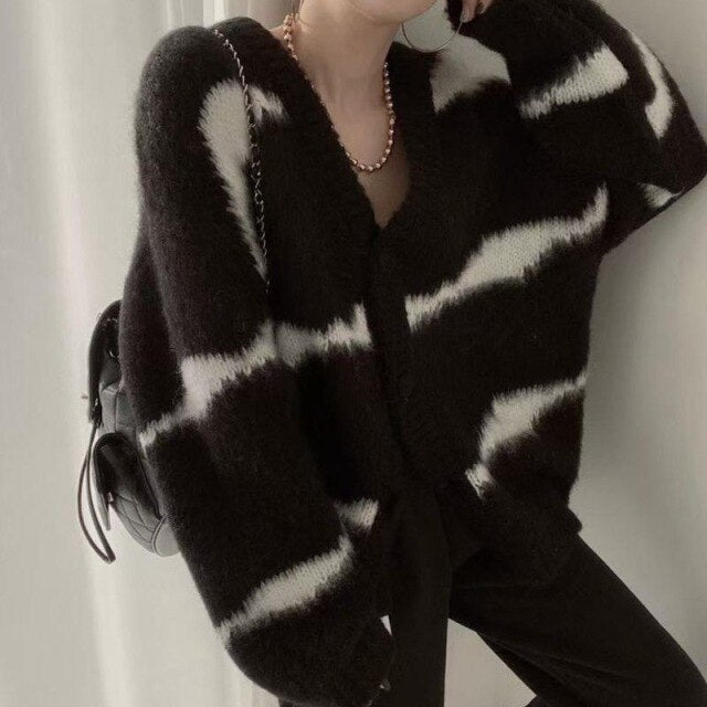 Chic Panelled V Neck Long Sleeve Sweater Single Breasted Elastic Knit Cardigan 2021 Fashion Tide Loose Women Tops Coat