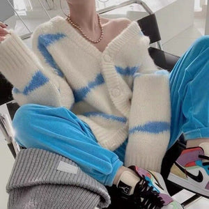 Chic Panelled V Neck Long Sleeve Sweater Single Breasted Elastic Knit Cardigan 2021 Fashion Tide Loose Women Tops Coat