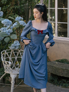 Chic Retro Princess Dress Woman Cottage Vintage Style Red Bow Puff Sleeve Square Collar Elastic Blue Dresses Vestido Festa