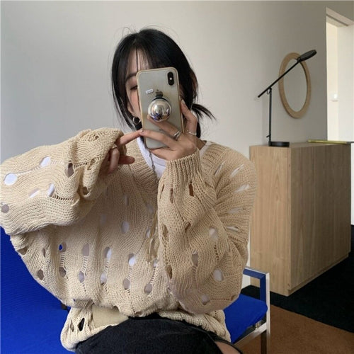 Chic V-neck Sweater Bottoming Hollow-out Sweater for Women 2021 New Autumn and Winter Black Thin Inner Top