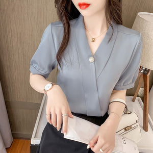 Chiffon Blouse Women 2021 Summer Chiffon Shirts Blouse Tops Fashion Casual V-Neck Loose short  sleeve Blouses Femme Blusa