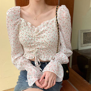 Chiffon Blouse Women Print Color Square Collar Long Sleeve Ruffles Clothes Elegant Street Style Belt Tops For Female