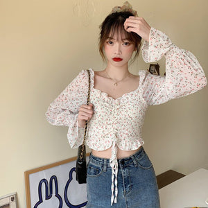 Chiffon Blouse Women Print Color Square Collar Long Sleeve Ruffles Clothes Elegant Street Style Belt Tops For Female
