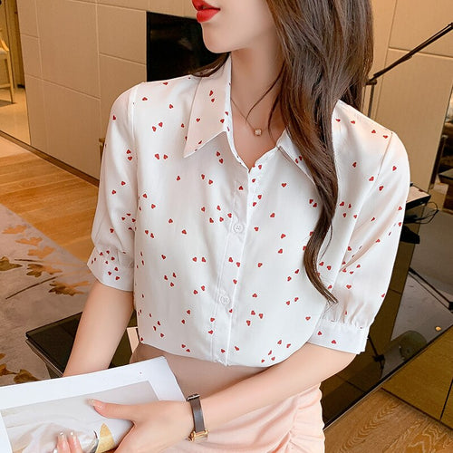 Chiffon Blouses Short Sleeves Shirt 2021 Summer fashion Simplicity Love Printing Female Polo Collar Korean Shirts Womens Tops