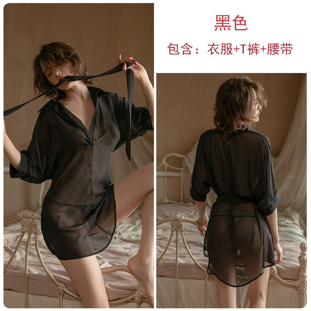 Chiffon Nightdress Women Sexy Lingerie Set  Perspective Skirt Thong Deep V Boyfriend Style Shirt Nightgowns Femme Sleepdwear