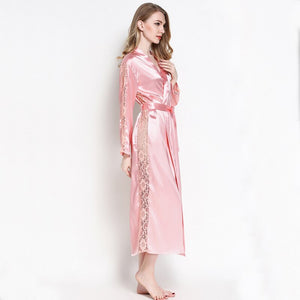 Chiffon Robe Robes with Lace Femme Sexy Long Bathrobes Women Nightwear Satin kimono Bridesmaid Faux Silk Home Clothing pink