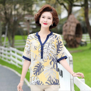 Chiffon Shirt Pullover Summer Middle-Aged Mother Top 2021 New  Short Sleeve Women'S Clothing Plus Size Loose Printed Blouse Tee