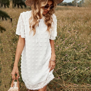 Chiffon Short Sleeve Dress Women Summer Casual Loose Mini Holiday Beach Dress Elegant Lace-up White Jacquard Party Dresses 2022