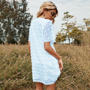 Chiffon Short Sleeve Dress Women Summer Casual Loose Mini Holiday Beach Dress Elegant Lace-up White Jacquard Party Dresses 2022