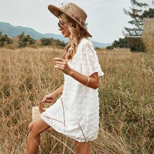 Load image into Gallery viewer, Chiffon Short Sleeve Dress Women Summer Casual Loose Mini Holiday Beach Dress Elegant Lace-up White Jacquard Party Dresses 2022