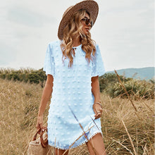 Load image into Gallery viewer, Chiffon Short Sleeve Dress Women Summer Casual Loose Mini Holiday Beach Dress Elegant Lace-up White Jacquard Party Dresses 2022