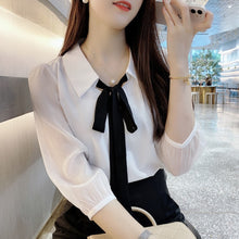 Load image into Gallery viewer, Chiffon Three Quarter Sleeve Shirts Bow Patchwork Design Blouses Spring Fall Casual Tops Korean Trendy Soft Lightweight Clothes
