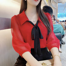 Load image into Gallery viewer, Chiffon Three Quarter Sleeve Shirts Bow Patchwork Design Blouses Spring Fall Casual Tops Korean Trendy Soft Lightweight Clothes