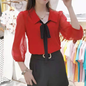 Chiffon Three Quarter Sleeve Shirts Bow Patchwork Design Blouses Spring Fall Casual Tops Korean Trendy Soft Lightweight Clothes