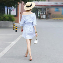 Load image into Gallery viewer, Chiffon Women Irregular Oblique Shoulder Blouse Striped Belt Shirt Dress 2021 Summer Short-Sleeved Fashion Women &#39;s Clothing