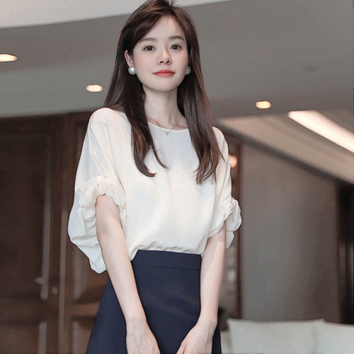 Chiffon shirt ladies 2021 summer fashion new round neck bat sleeve shirt loose western style short-sleeved shirt women