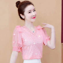 Load image into Gallery viewer, Chiffon shirt ladies 2021 summer new women's short-sleeved V-neck shirt fashion net yarn foreign style small shirt top