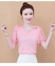 Load image into Gallery viewer, Chiffon shirt ladies 2021 summer new women's short-sleeved V-neck shirt fashion net yarn foreign style small shirt top