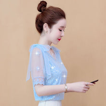 Load image into Gallery viewer, Chiffon shirt ladies 2021 summer new women's short-sleeved V-neck shirt fashion net yarn foreign style small shirt top