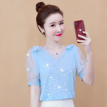 Load image into Gallery viewer, Chiffon shirt ladies 2021 summer new women's short-sleeved V-neck shirt fashion net yarn foreign style small shirt top