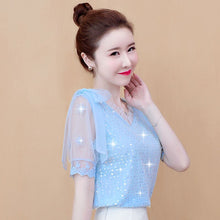 Load image into Gallery viewer, Chiffon shirt ladies 2021 summer new women's short-sleeved V-neck shirt fashion net yarn foreign style small shirt top