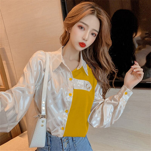 Chikichi 2021Spring and Autumn New Style Korean Fashion Elegant Satin Stitching Contrast Color Casual Long-sleeved Shirt Women