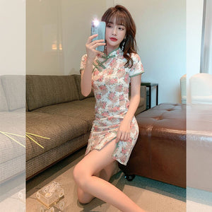 Chinese Qipao Improved cheongsam floral dress female summer 2021 new retro sexy temperament  New Evening Party Gown
