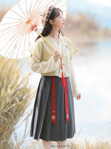 Chinese Style Embroidered Retro Hanfu Three Piece Set Women Diagonal Lace-up V-neck Blouse+Crop Vest+Streamer Pleated Dress Suit