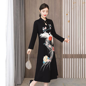 Chinese Style Embroidery Stand Collar Improved Cheongsam Women Autumn Long Sleeve Plus Size Loose Red New Year Midi Dress Female