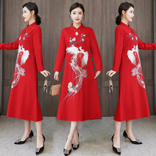 Load image into Gallery viewer, Chinese Style Embroidery Stand Collar Improved Cheongsam Women Autumn Long Sleeve Plus Size Loose Red New Year Midi Dress Female