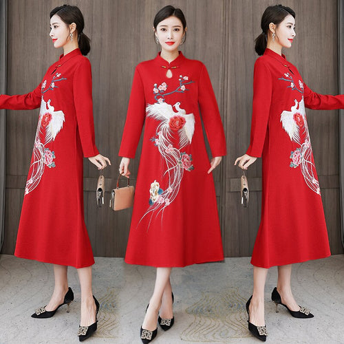 Chinese Style Embroidery Stand Collar Improved Cheongsam Women Autumn Long Sleeve Plus Size Loose Red New Year Midi Dress Female