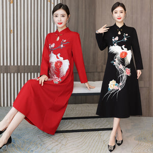 Chinese Style Embroidery Stand Collar Improved Cheongsam Women Autumn Long Sleeve Plus Size Loose Red New Year Midi Dress Female