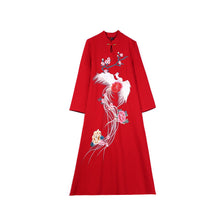 Load image into Gallery viewer, Chinese Style Embroidery Stand Collar Improved Cheongsam Women Autumn Long Sleeve Plus Size Loose Red New Year Midi Dress Female