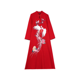 Chinese Style Embroidery Stand Collar Improved Cheongsam Women Autumn Long Sleeve Plus Size Loose Red New Year Midi Dress Female