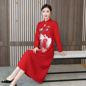 Chinese Style Embroidery Stand Collar Improved Cheongsam Women Autumn Long Sleeve Plus Size Loose Red New Year Midi Dress Female