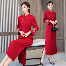 Load image into Gallery viewer, Chinese Style Improved Cheongsam Vintage Embroidery Long Sleeve V-Neck Buckle Plus Size Split Fork Slim Midi Dress Female Qipao