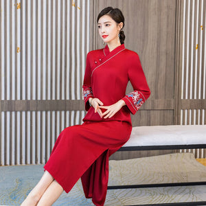 Chinese Style Improved Cheongsam Vintage Embroidery Long Sleeve V-Neck Buckle Plus Size Split Fork Slim Midi Dress Female Qipao