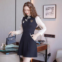 Load image into Gallery viewer, Chinese Style Improved Cheongsam Women Long Sleeve Stand Collar Retro Buckle High Waist Patchwork Vintage Mini Dress Female