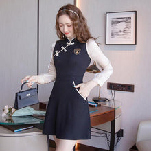 Load image into Gallery viewer, Chinese Style Improved Cheongsam Women Long Sleeve Stand Collar Retro Buckle High Waist Patchwork Vintage Mini Dress Female