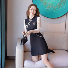 Load image into Gallery viewer, Chinese Style Improved Cheongsam Women Long Sleeve Stand Collar Retro Buckle High Waist Patchwork Vintage Mini Dress Female