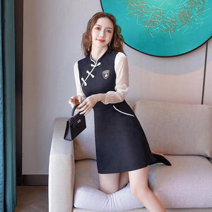 Chinese Style Improved Cheongsam Women Long Sleeve Stand Collar Retro Buckle High Waist Patchwork Vintage Mini Dress Female