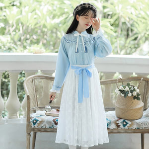 Chinese Style Improved Sweet Retro Hanfu Suit Women Autumn Embroidery Chic Blue Shirt Top+White Lace Fairy Skirt Shorts Sets