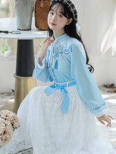 Load image into Gallery viewer, Chinese Style Improved Sweet Retro Hanfu Suit Women Autumn Embroidery Chic Blue Shirt Top+White Lace Fairy Skirt Shorts Sets